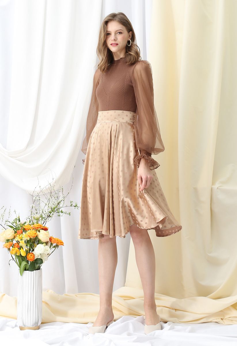 Dots A-Line Satin Midi Skirt in Gold