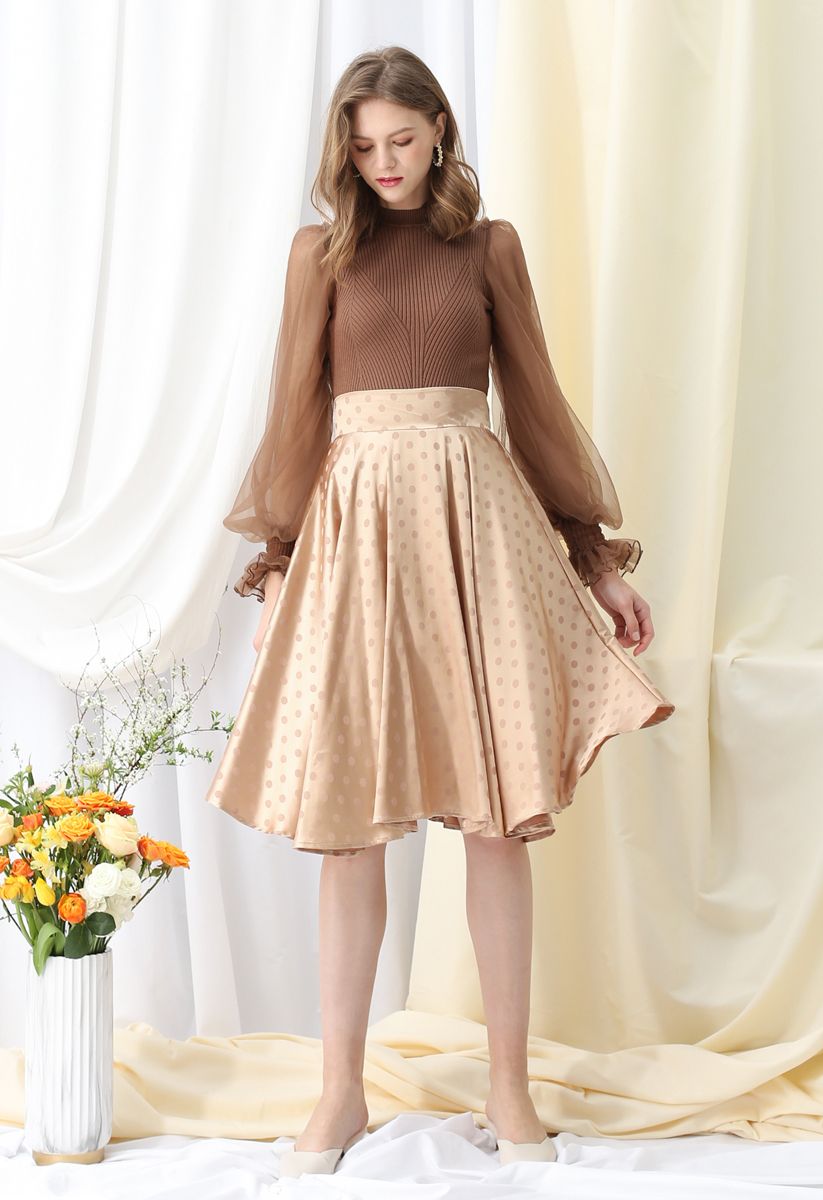 Dots A-Line Satin Midi Skirt in Gold