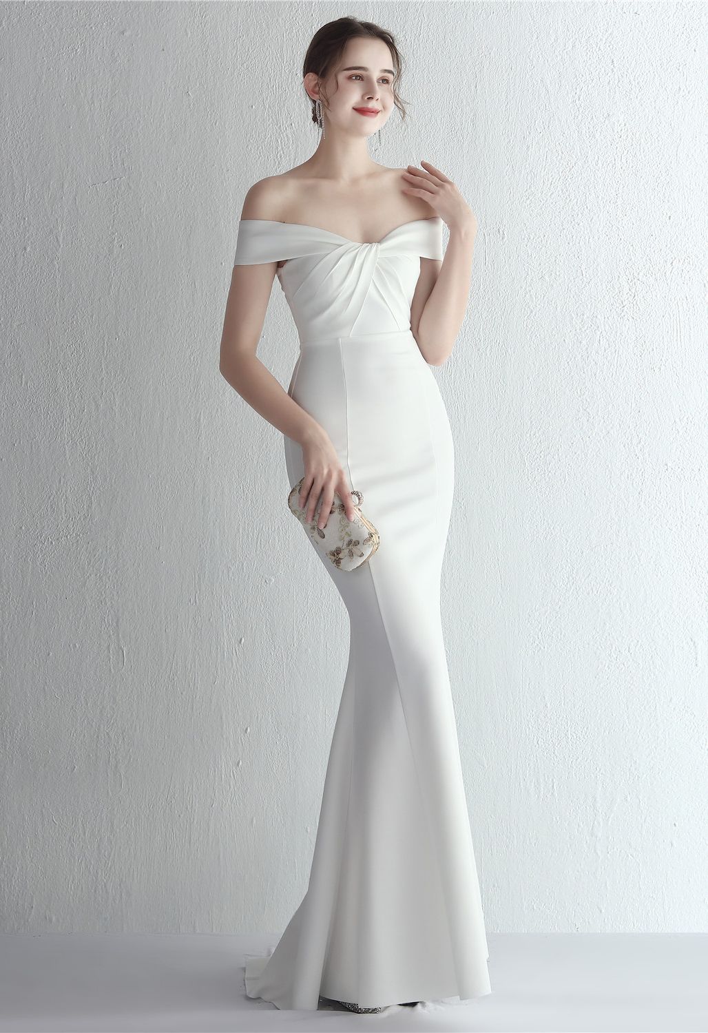 Twist Front Off-Shoulder Gown in White - Retro, Indie and Unique Fashion