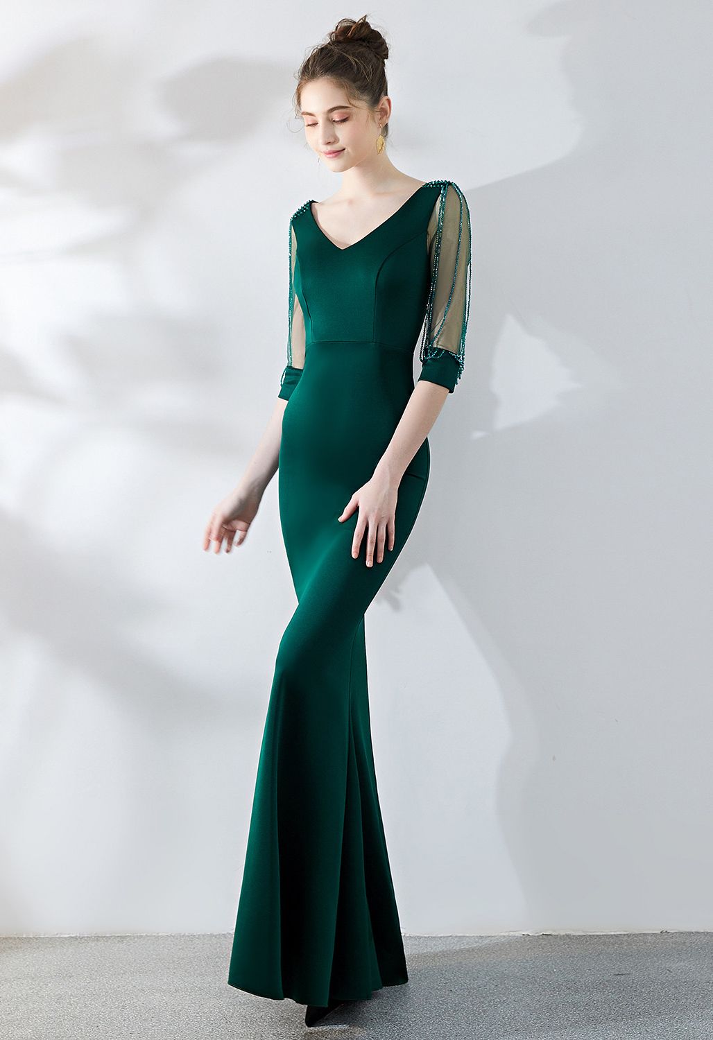 Draped Bead Mesh Sleeve Gown in Emerald - Retro, Indie and Unique Fashion