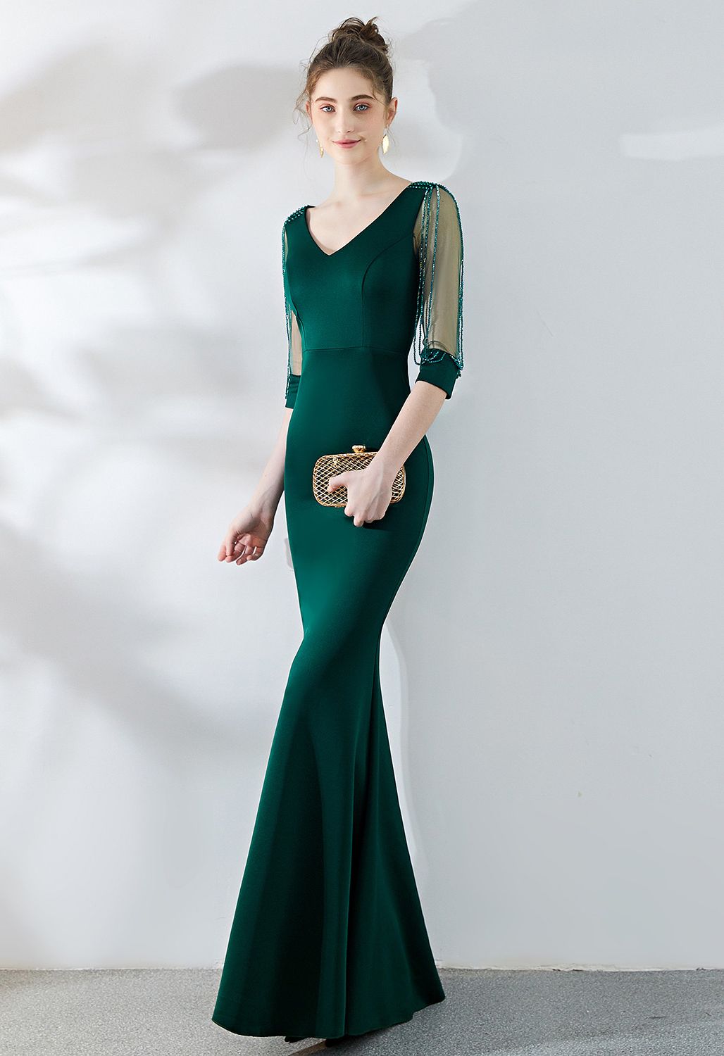 Draped Bead Mesh Sleeve Gown in Emerald - Retro, Indie and Unique Fashion