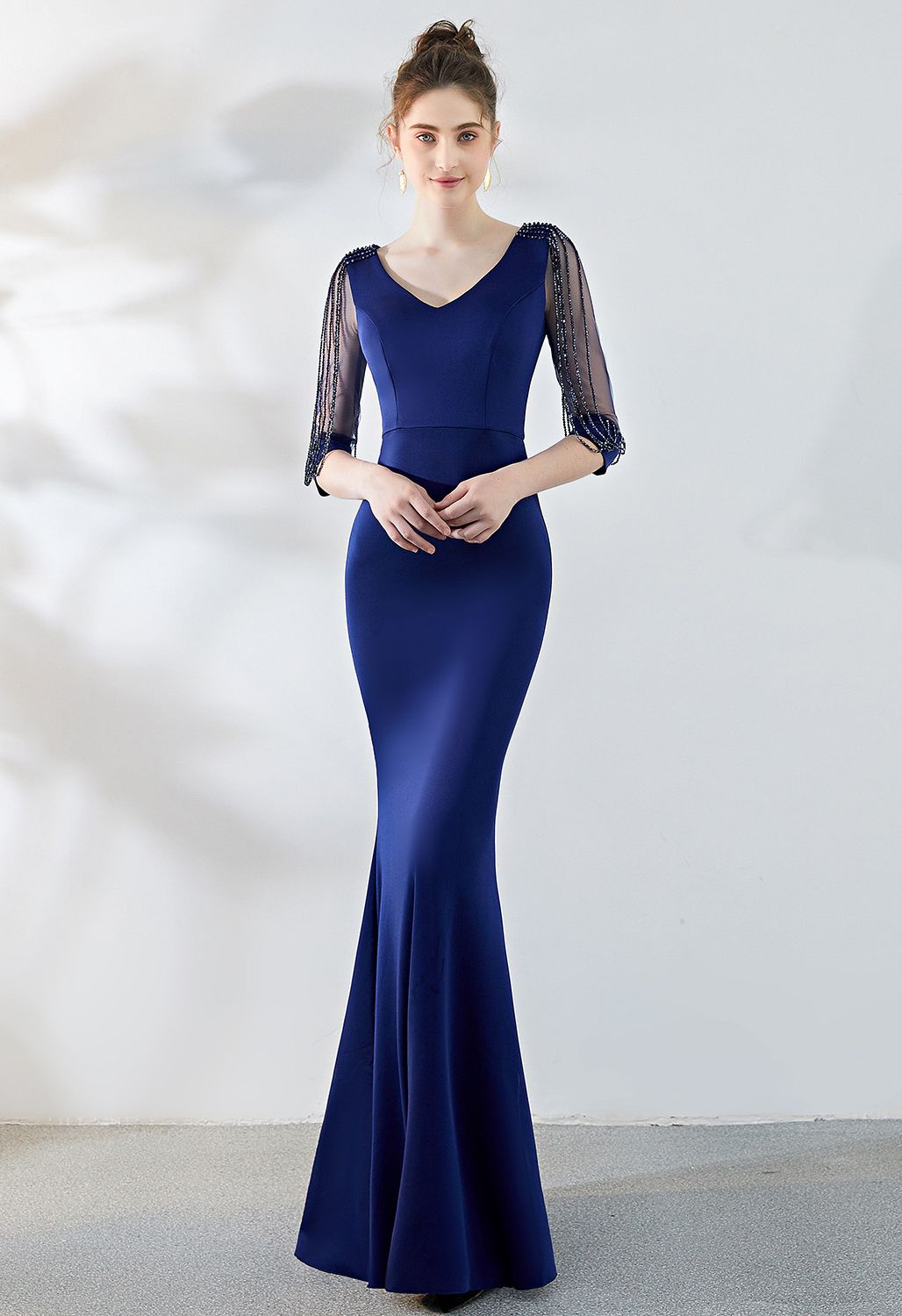 Draped Bead Mesh Sleeve Gown in Navy - Retro, Indie and Unique Fashion