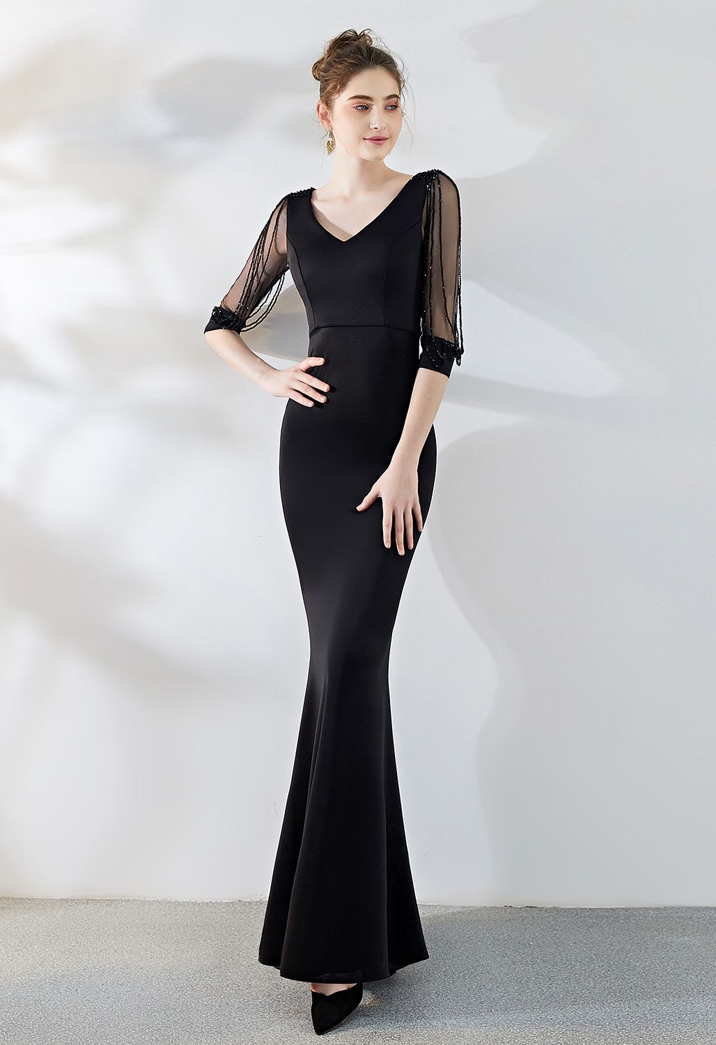 Draped Bead Mesh Sleeve Gown in Black - Retro, Indie and Unique Fashion