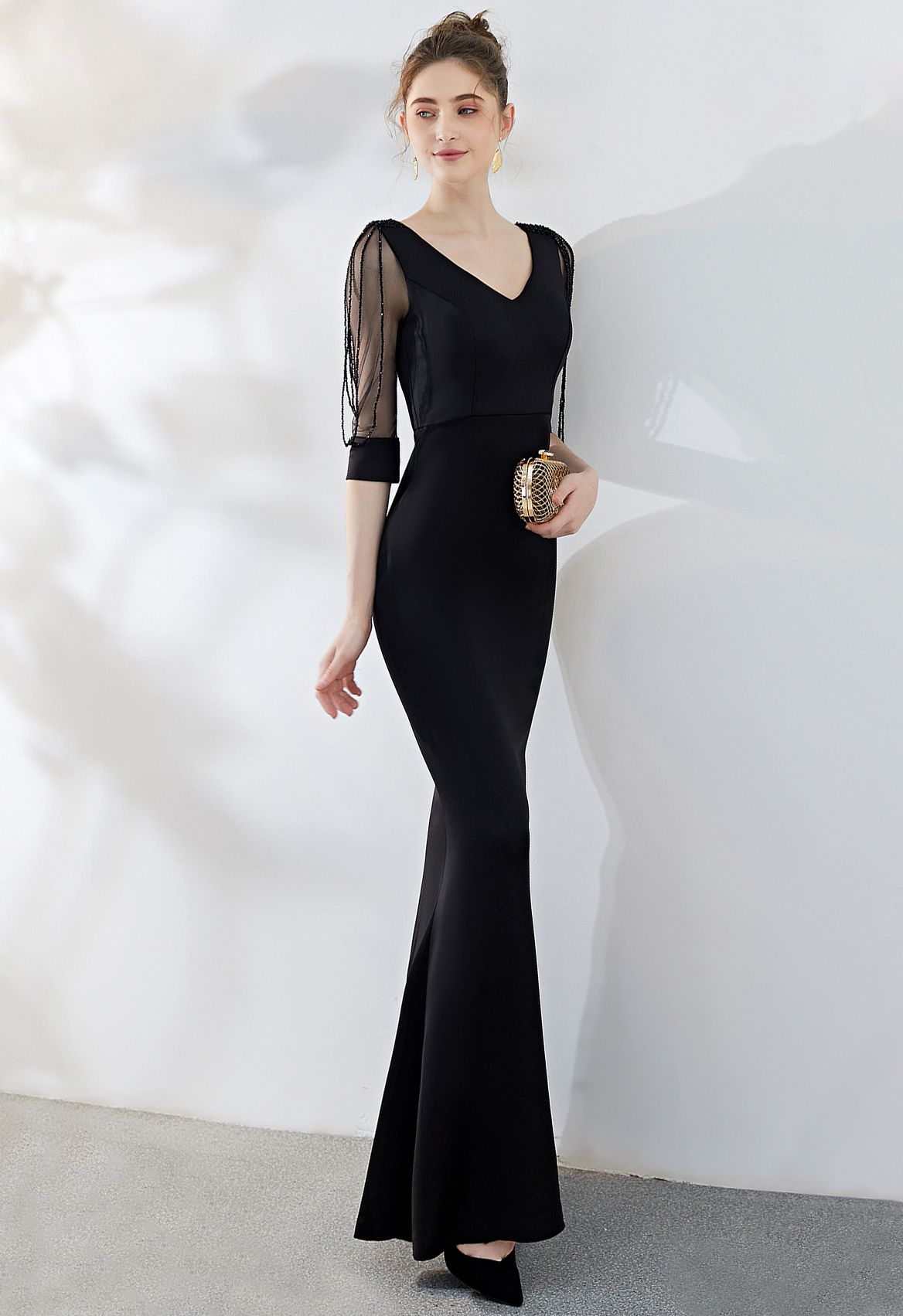 Draped Bead Mesh Sleeve Gown in Black - Retro, Indie and Unique Fashion