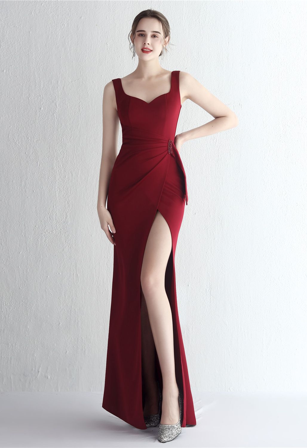 Ruched Waist High Slit Gown in Burgundy - Retro, Indie and Unique Fashion