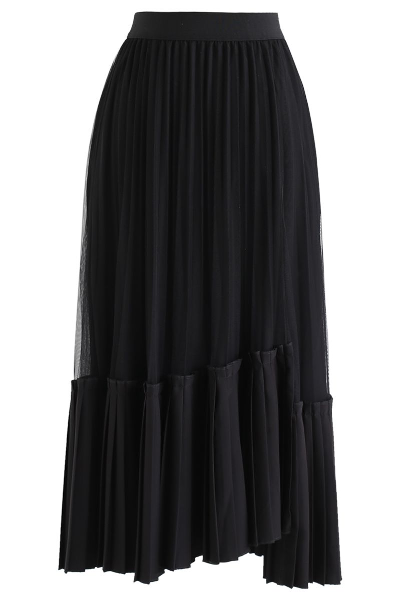 Mesh Asymmetric Hem Pleated Midi Skirt in Black - Retro, Indie and ...