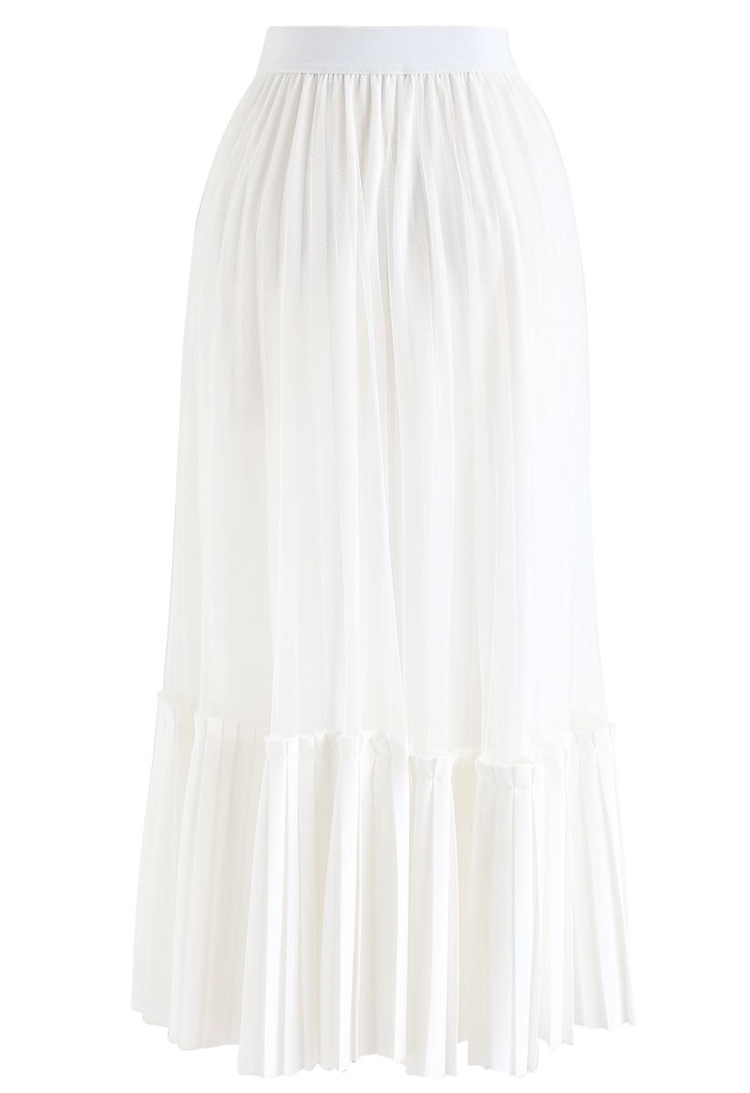 Mesh Asymmetric Hem Pleated Midi Skirt in White - Retro, Indie and ...