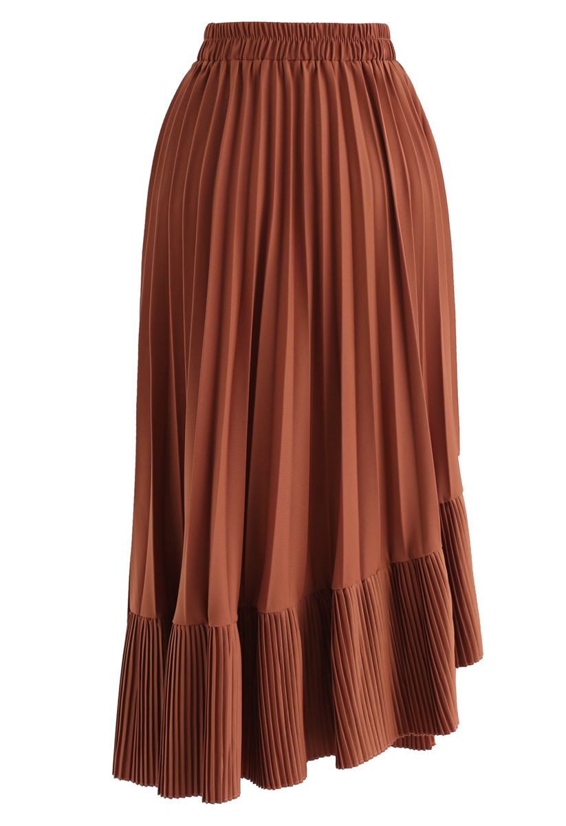 Asymmetric Hem Pleated Midi Skirt in Caramel - Retro, Indie and Unique ...