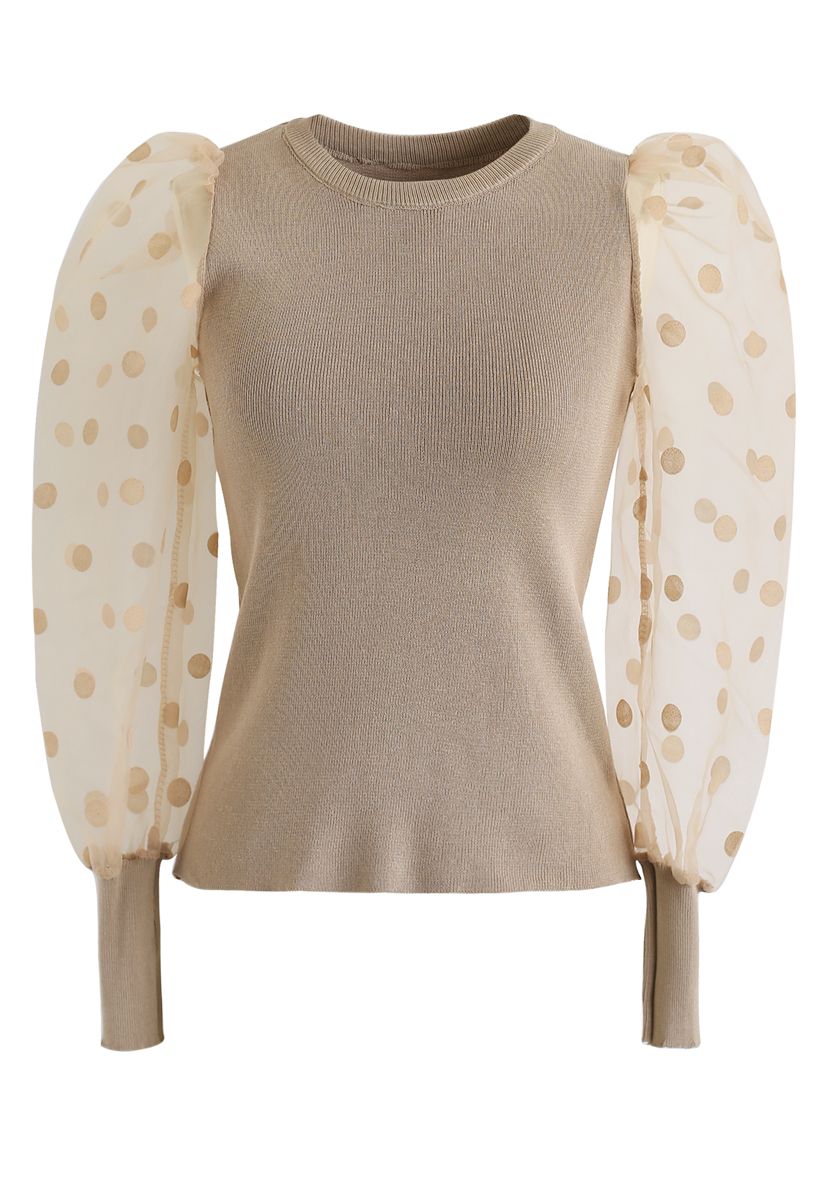 Polka Dots Mesh Sleeves Knit Top in Tan - Retro, Indie and Unique Fashion