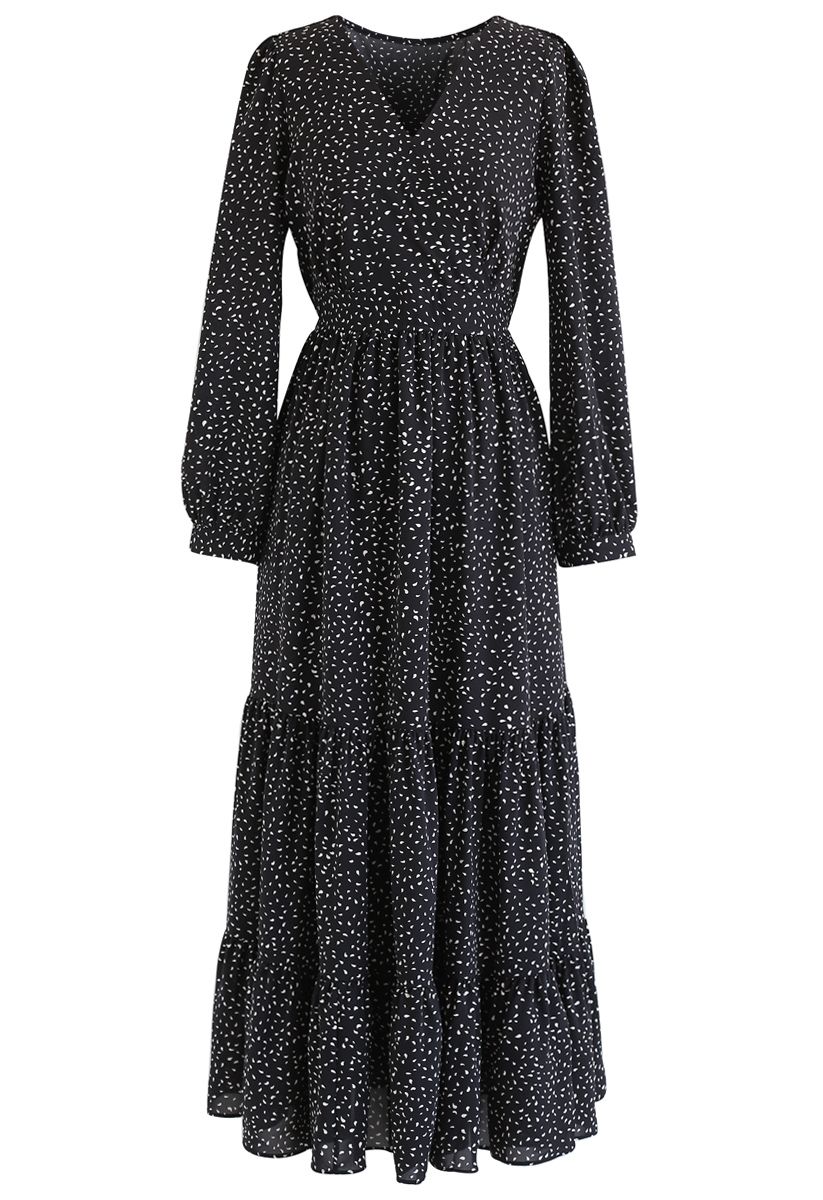 Spots Printed Ruffle Wrap Maxi Dress in Black - Retro, Indie and Unique ...
