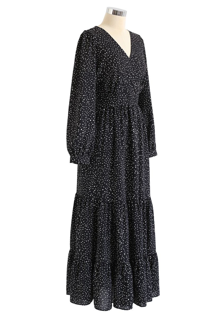 Spots Printed Ruffle Wrap Maxi Dress in Black - Retro, Indie and Unique ...