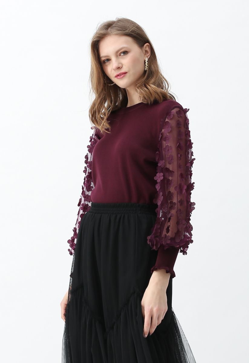 3D Flower Mesh Sleeves Knit Top in Wine - Retro, Indie and Unique Fashion