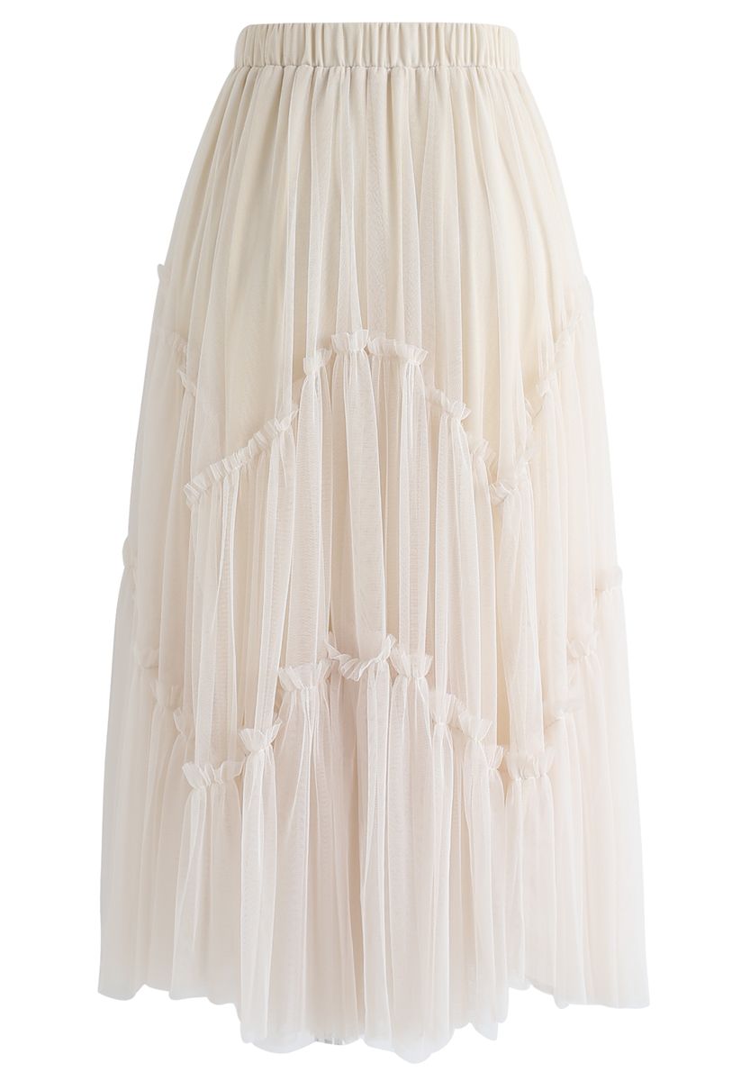 Ruffle Detail Asymmetric Mesh Tulle Skirt in Cream - Retro, Indie and ...