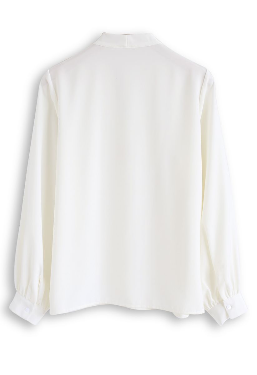 Button Embellished Satin V-Neck Top in White - Retro, Indie and Unique ...