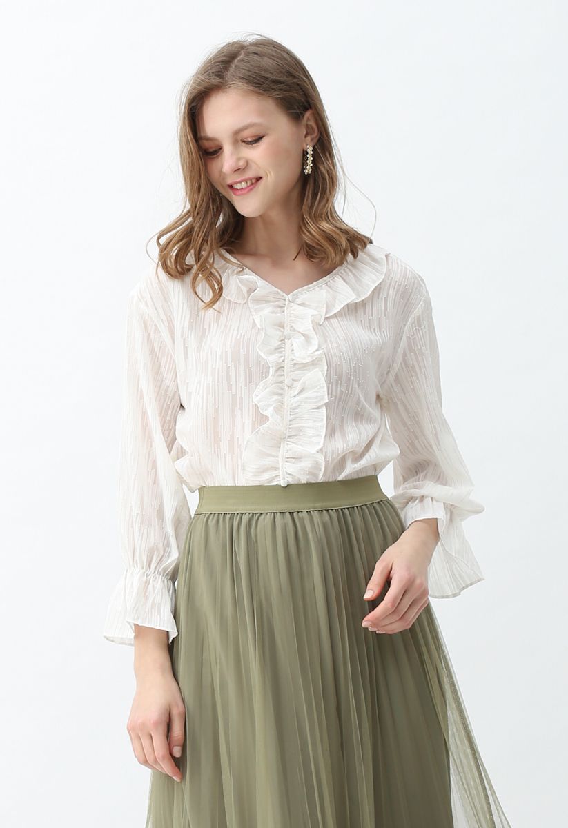 Lines Decorated Ruffle Sheer Top in White