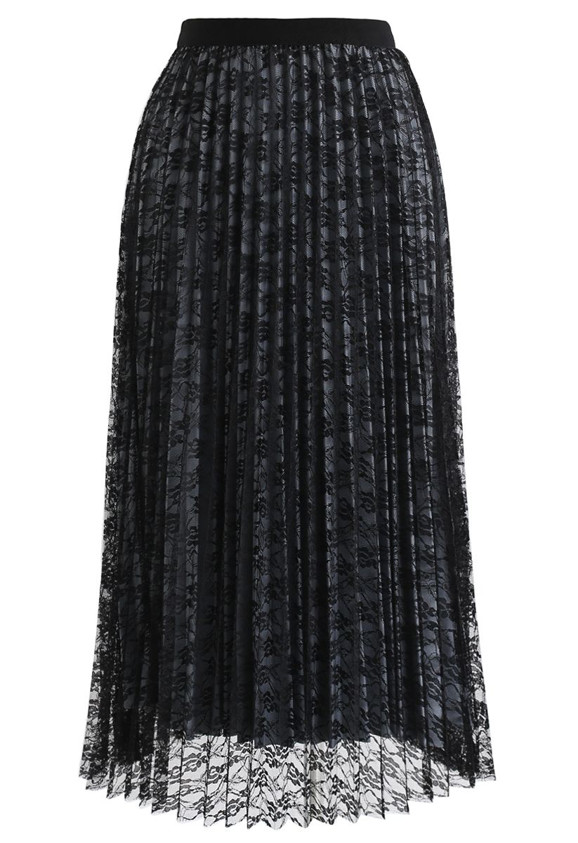 Reversible Floral Mesh Pleated Midi Skirt in Black - Retro, Indie and ...