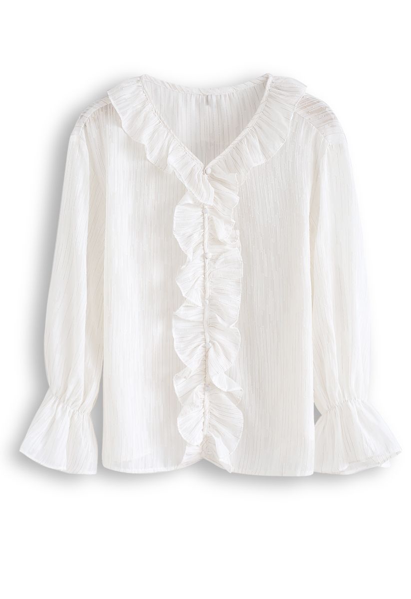 Lines Decorated Ruffle Sheer Top in White - Retro, Indie and Unique Fashion