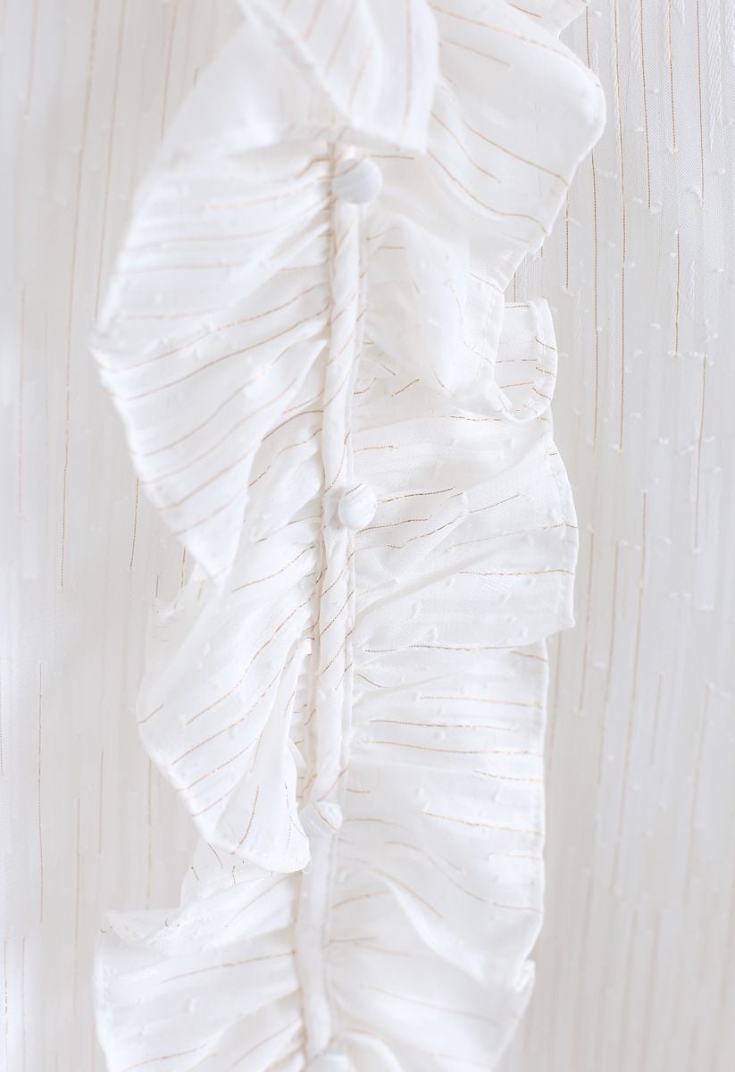 Lines Decorated Ruffle Sheer Top in White