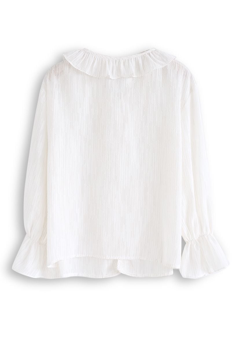 Lines Decorated Ruffle Sheer Top in White