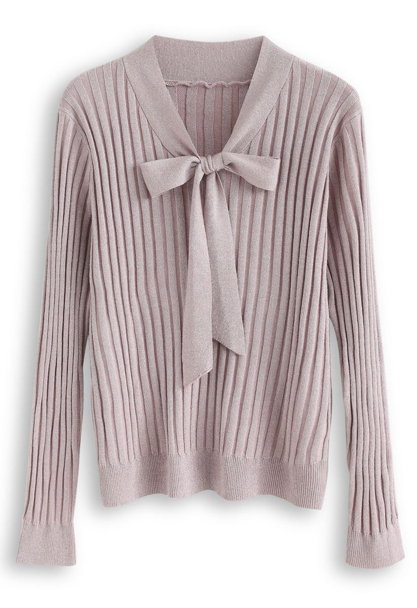 Bowknot V-Neck Shimmery Knit Top in Lilac - Retro, Indie and Unique Fashion