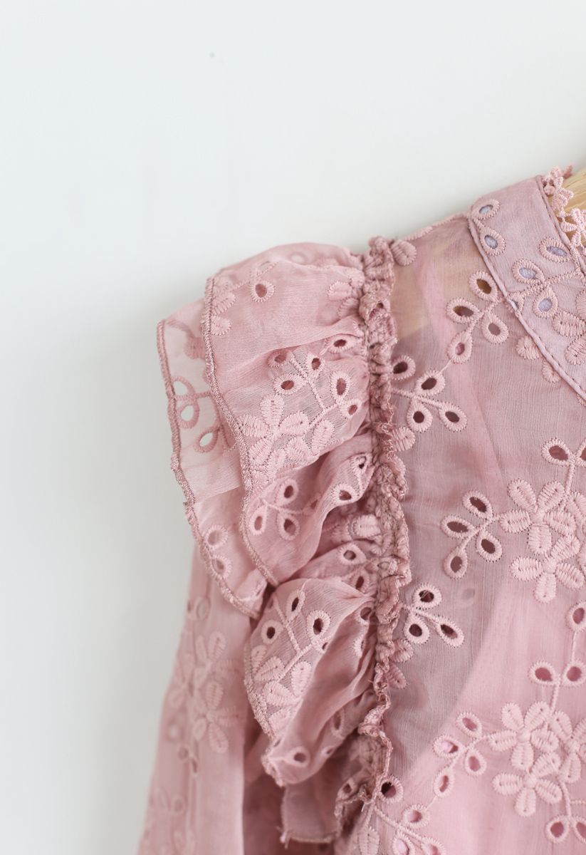 Eyelet Detail Floral Embroidered Ruffle Top in Pink - Retro, Indie and ...