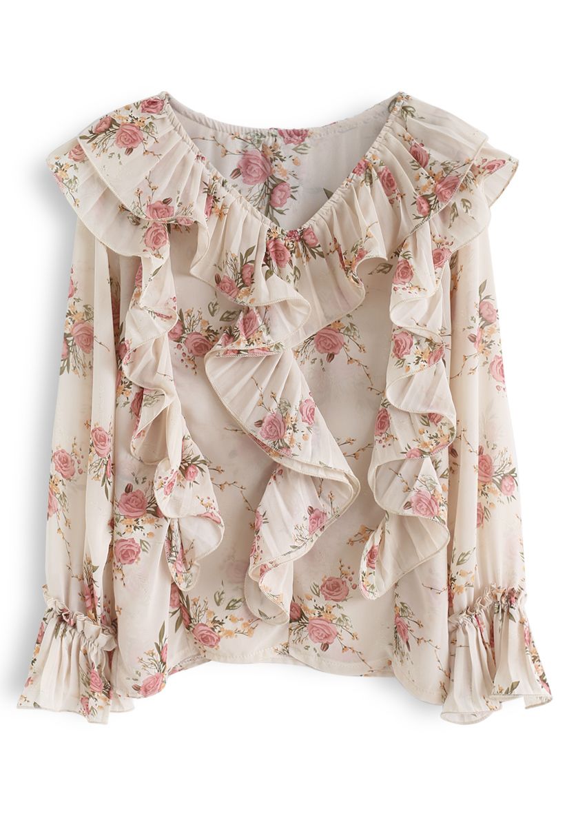 Floral Ruffle Sheer Top in Pink