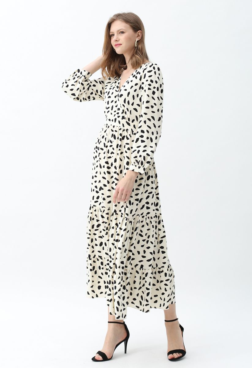 Spots Frilling Wrap Maxi Dress in Ivory - Retro, Indie and Unique Fashion