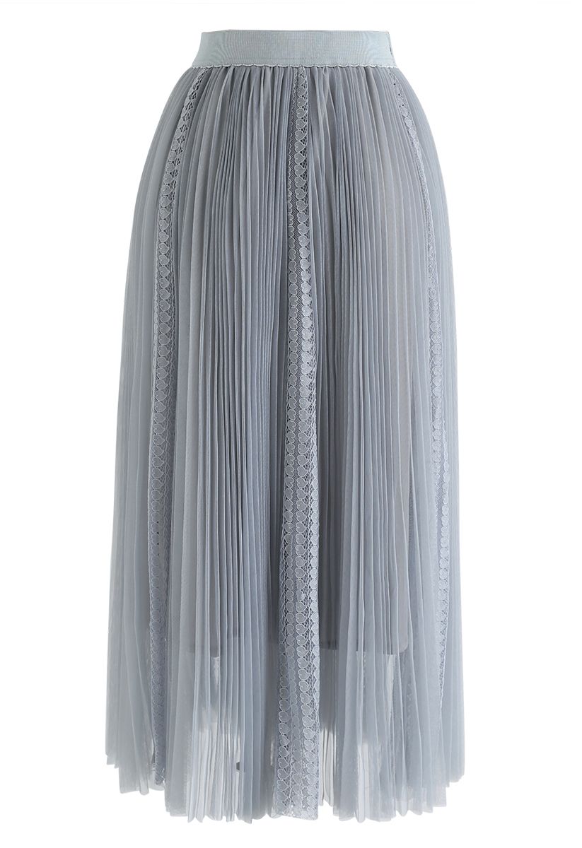 Exquisite Mesh Lace Pleated Midi Skirt in Dusty Blue - Retro, Indie and ...
