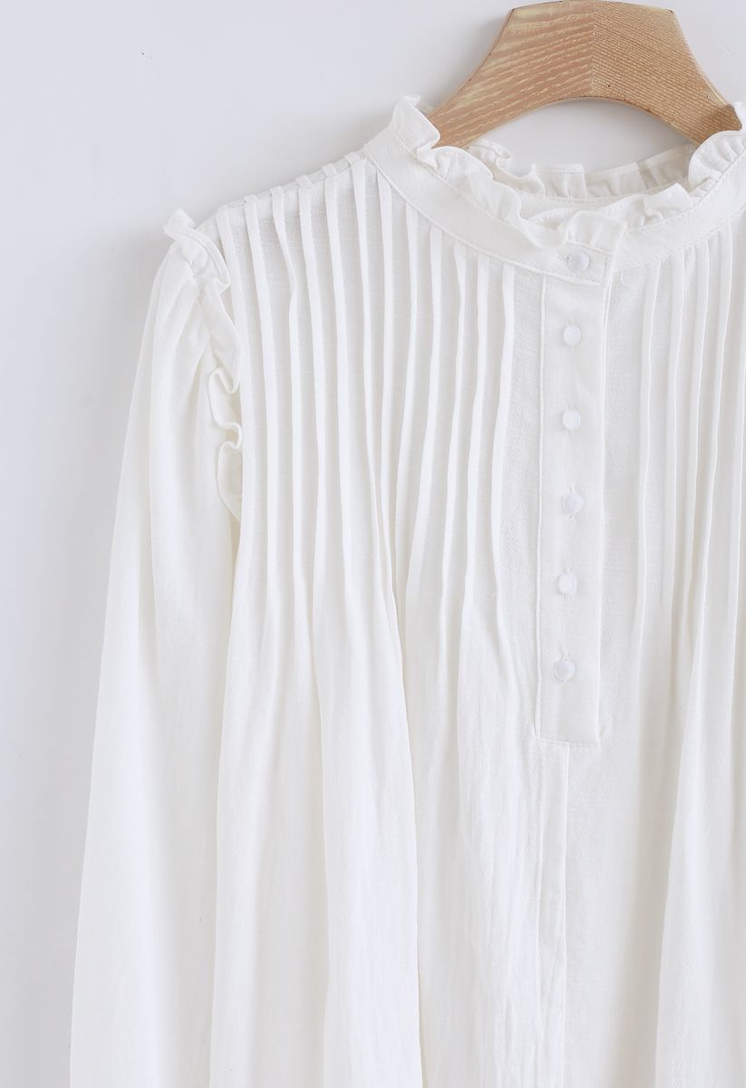 Ruffle Trim Buttoned Pleated Top in White - Retro, Indie and Unique Fashion