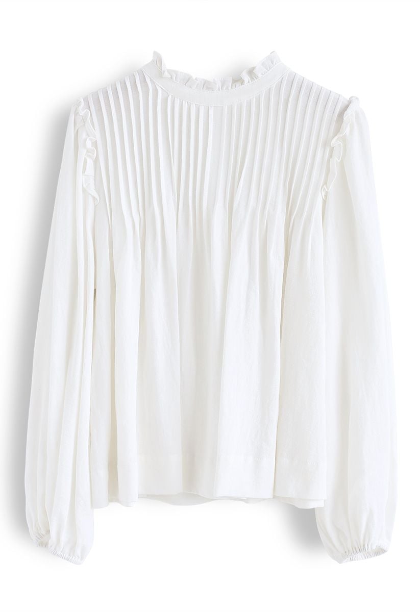 Ruffle Trim Buttoned Pleated Top in White