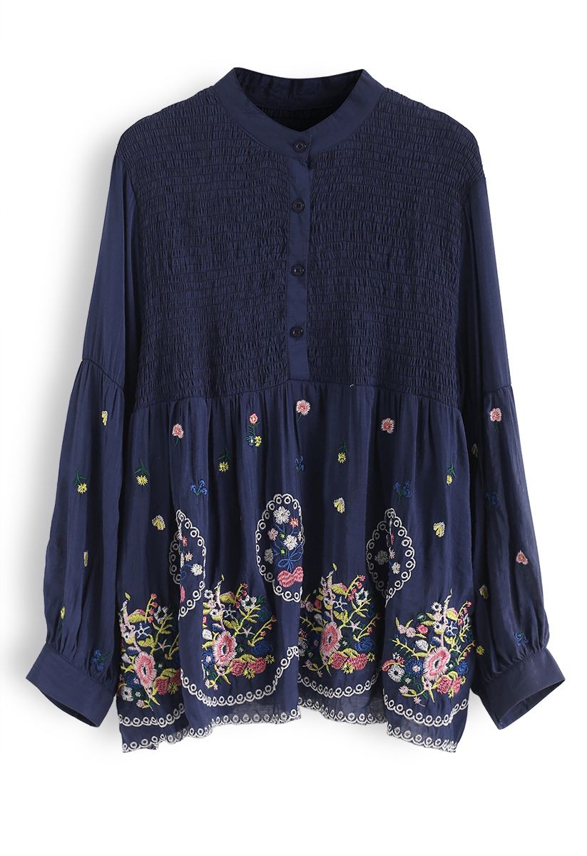 Floral Embroidered Shirred Tunic in Navy - Retro, Indie and Unique Fashion