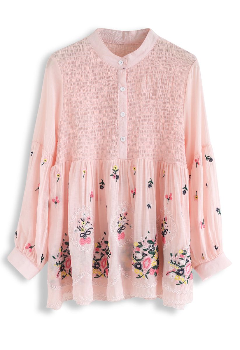 Floral Embroidered Shirred Tunic in Pink