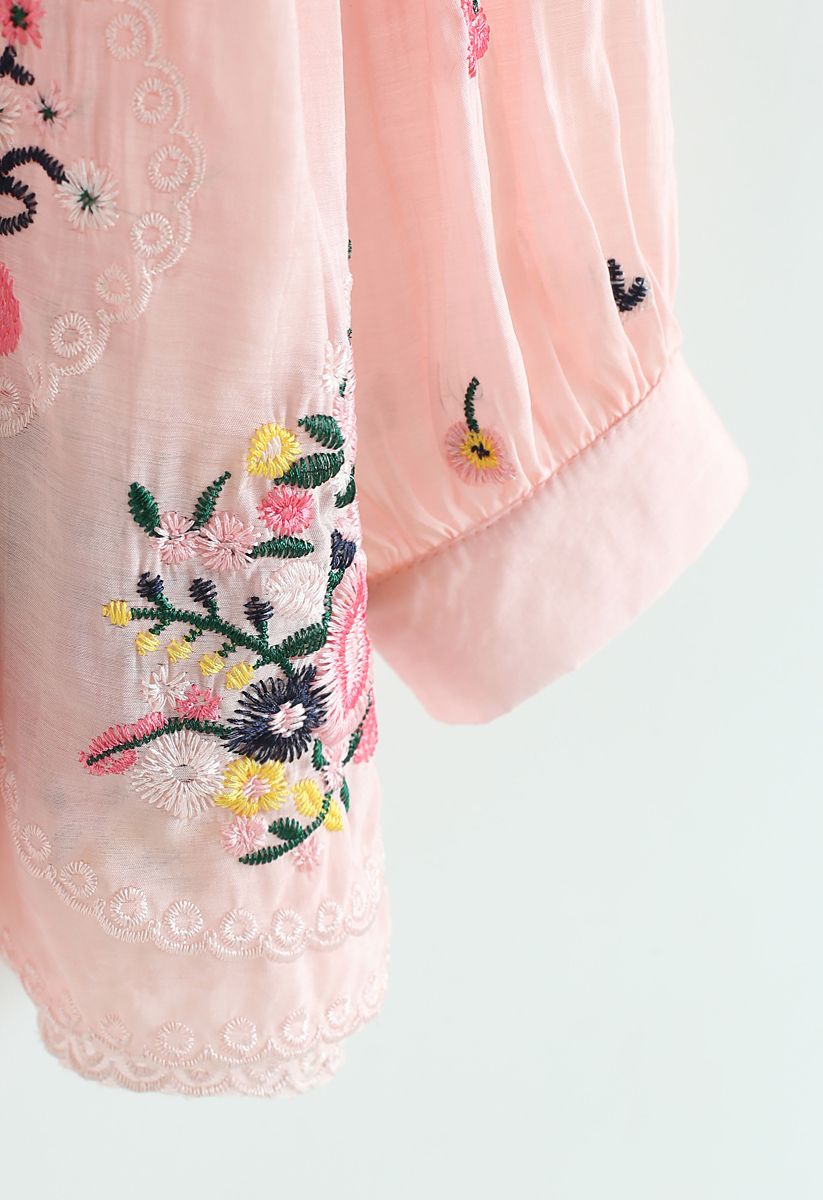 Floral Embroidered Shirred Tunic in Pink