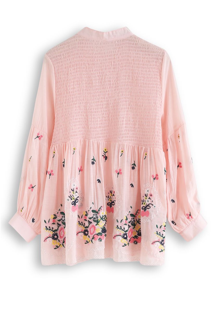 Floral Embroidered Shirred Tunic in Pink