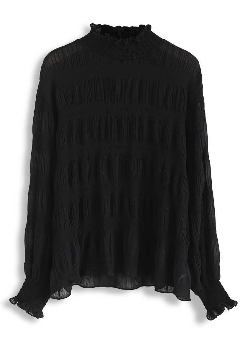 Mock Neck Shirred Sleeves Top in Black