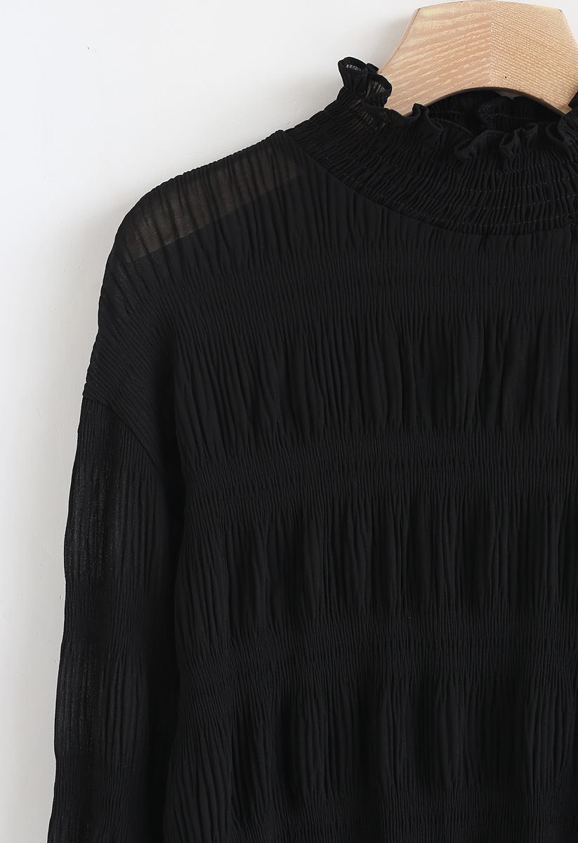 Mock Neck Shirred Sleeves Top in Black