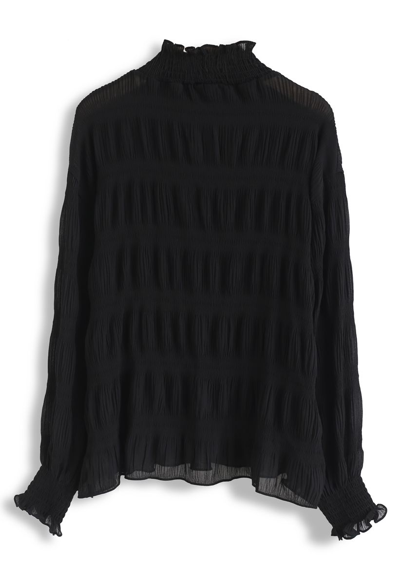 Mock Neck Shirred Sleeves Top in Black