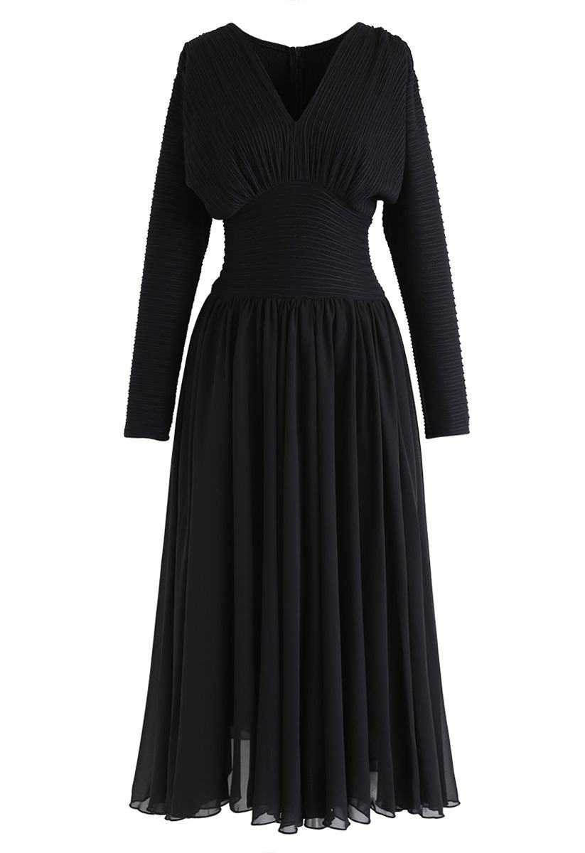 Shirred V-Neck Pleated Sleeves Dress in Black - Retro, Indie and Unique ...