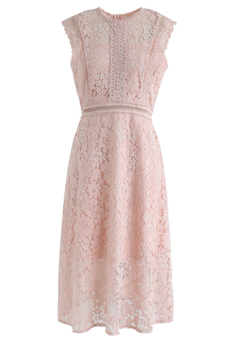 Floral Lace Sleeveless Midi Dress in Pink - Retro, Indie and Unique Fashion