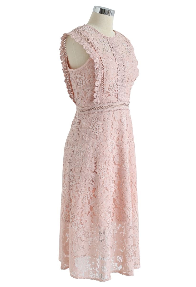 Floral Lace Sleeveless Midi Dress in Pink