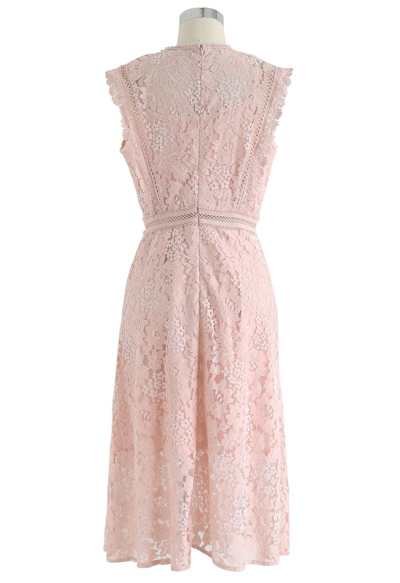 Floral Lace Sleeveless Midi Dress in Pink