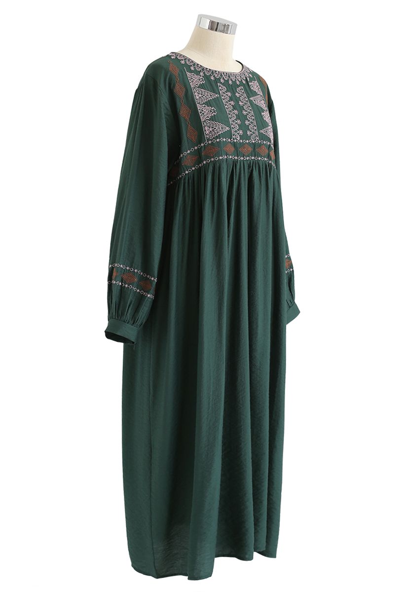 Embroidered Sleeves Boho Midi Dress in Green