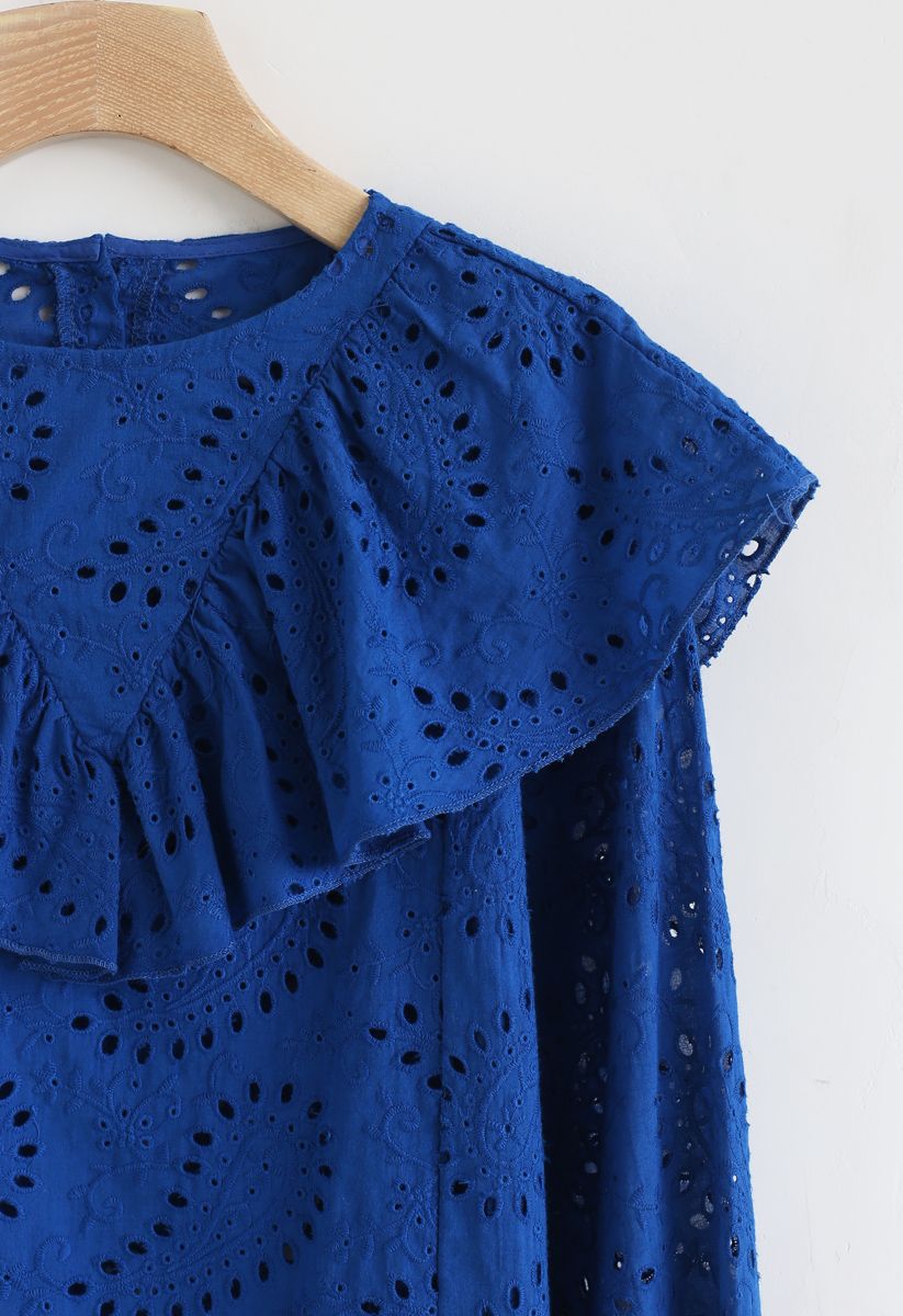 Eyelet Embroidered Ruffle Top in Royal Blue