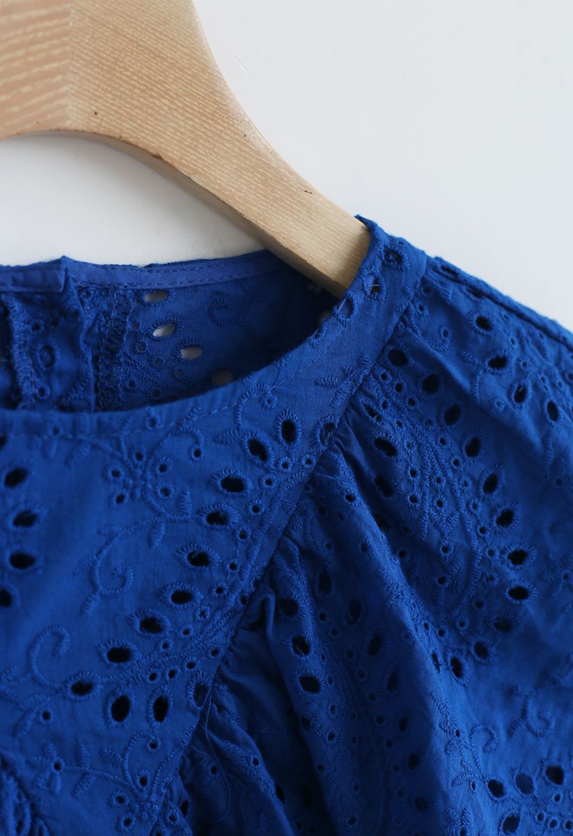 Eyelet Embroidered Ruffle Top in Royal Blue