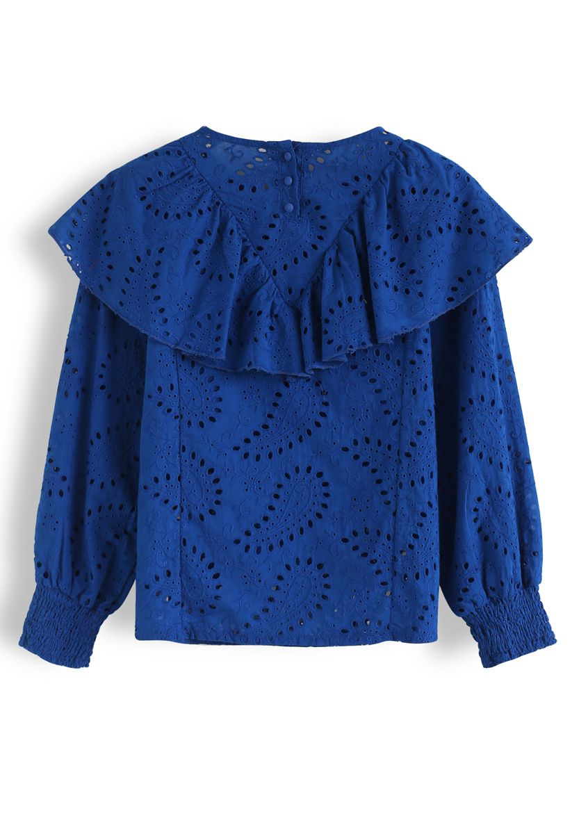 Eyelet Embroidered Ruffle Top in Royal Blue