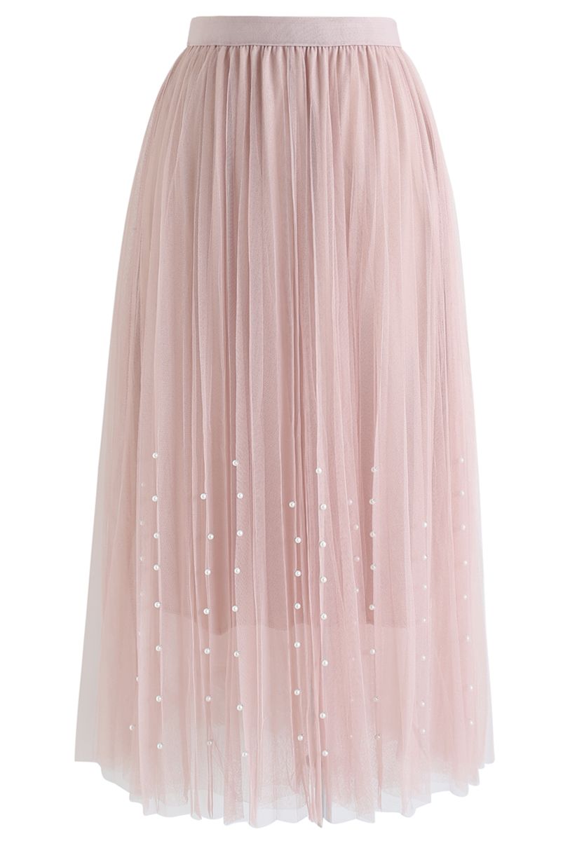 Pleated Double-Layered Mesh Tulle Pearls Skirt in Pink - Retro, Indie ...