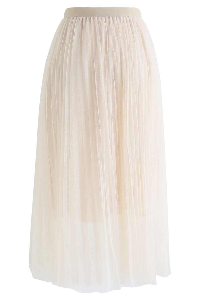 Pleated Double-Layered Mesh Tulle Pearls Skirt in Cream - Retro, Indie ...