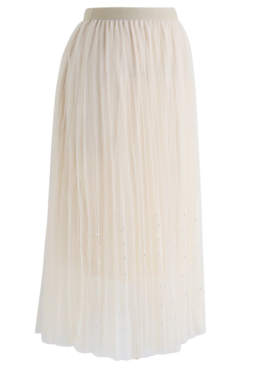 Pleated Double-Layered Mesh Tulle Pearls Skirt in Cream - Retro, Indie ...
