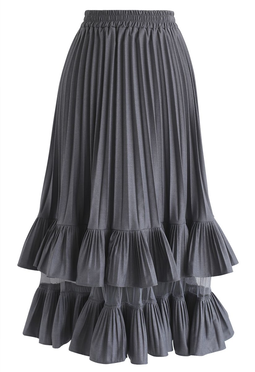 Ruffle Pleated Mesh Skirt in Smoke