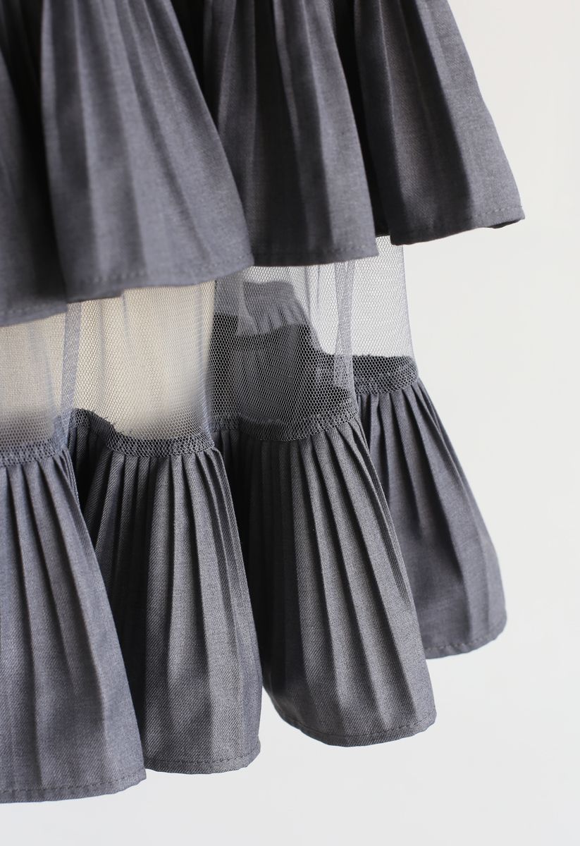 Ruffle Pleated Mesh Skirt in Smoke